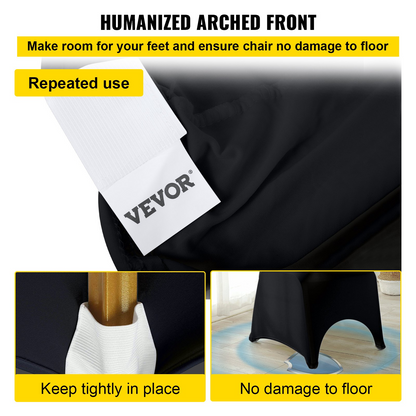Black VEVOR stretch spandex folding chair covers with arched front, washable and fitted for wedding, event, or celebration seating.