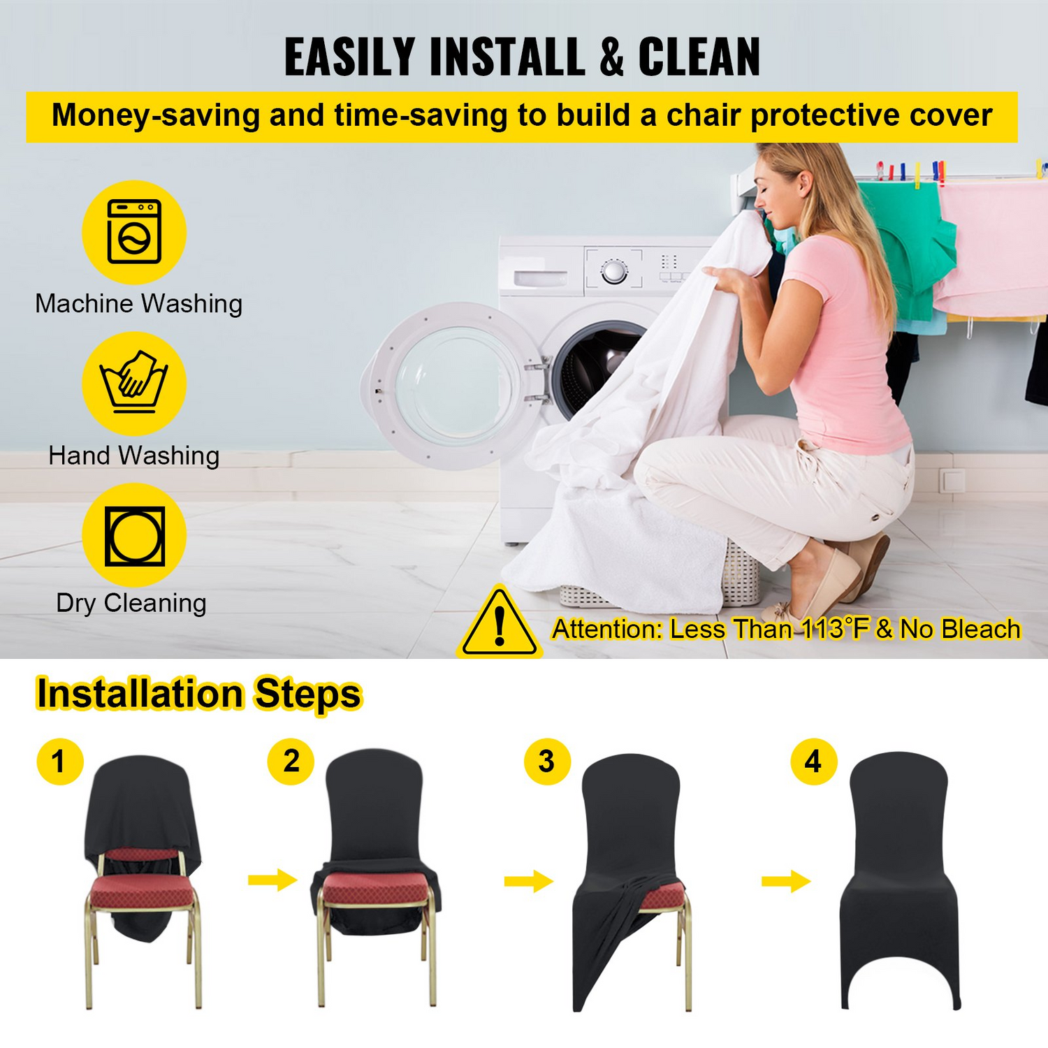 Set of 50 black VEVOR stretch spandex folding chair covers with fitted arched front, washable protection for events and celebrations.