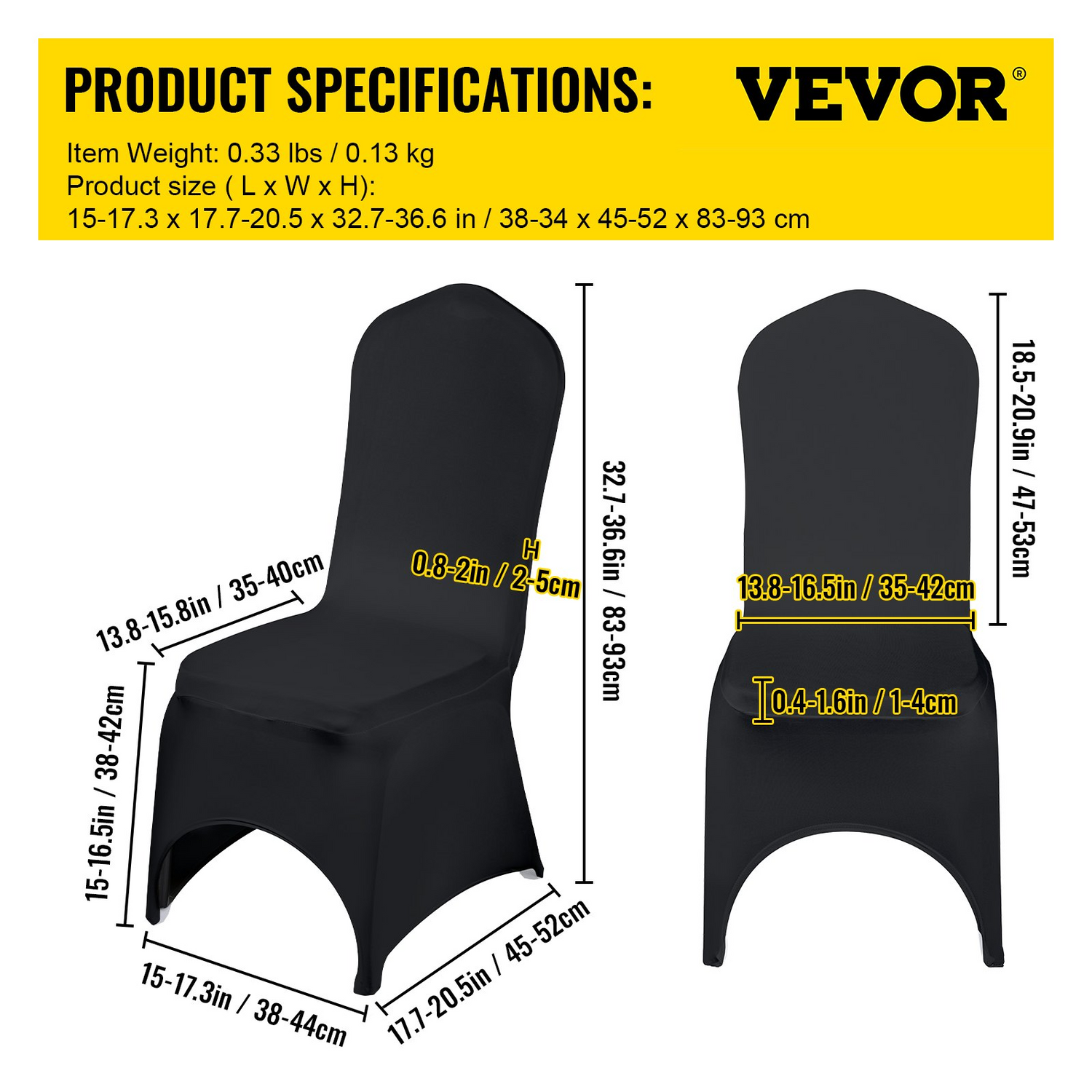 Black VEVOR stretch spandex folding chair covers with arched front, fitted design, and removable washable protective slipcovers for events.