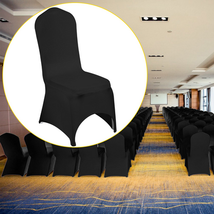 Black VEVOR stretch spandex folding chair covers with arched front design, shown fitted on banquet chairs for events and celebrations.