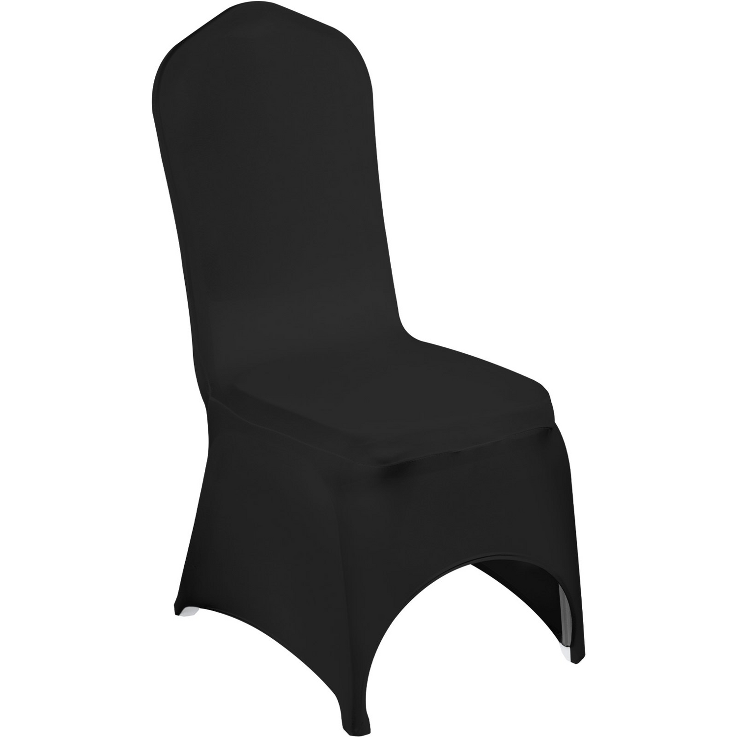 Black VEVOR Stretch Spandex folding chair covers on event chairs, featuring arched fronts, washable and fitted for weddings and parties.