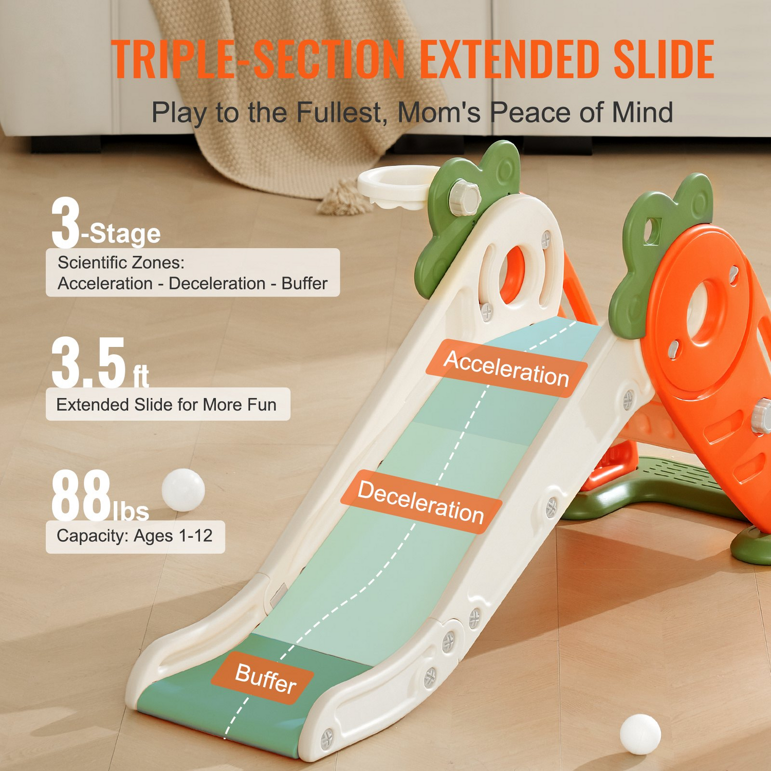 Start2Finish toddler slide with climbable ladders, basketball hoop, raised handrails, and anti-slip strips for indoor or outdoor play.