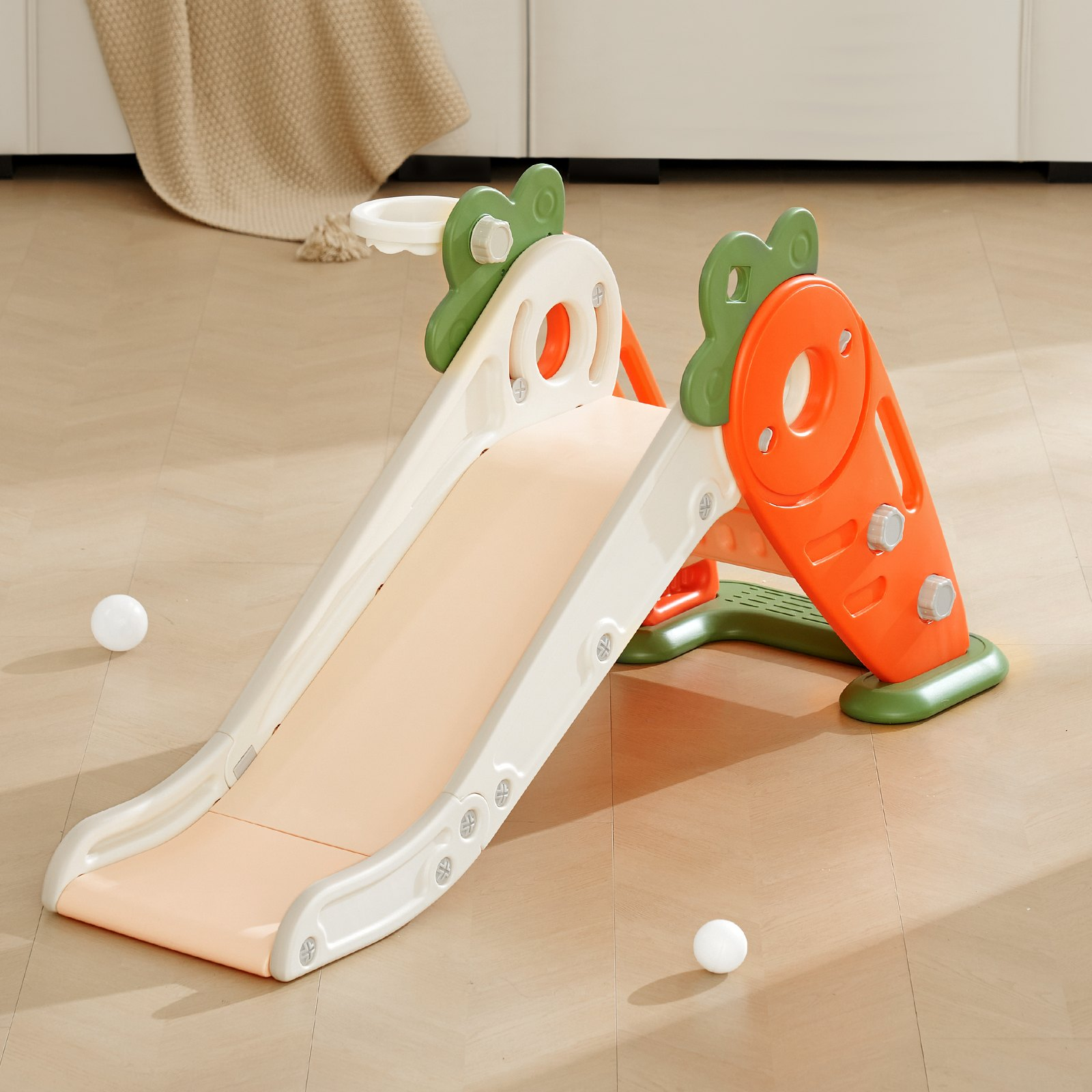 Start2Finish VEVOR toddler slide with climbable ladders, basketball hoop, raised handrail, anti-slip strips for indoor outdoor play.
