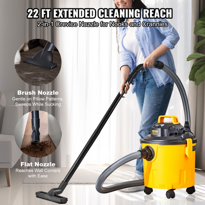 Start2Finish VEVOR 5-gallon wet/dry shop vacuum with 6 HP, powerful suction, blower function, attachments, ideal for debris and pet hair.
