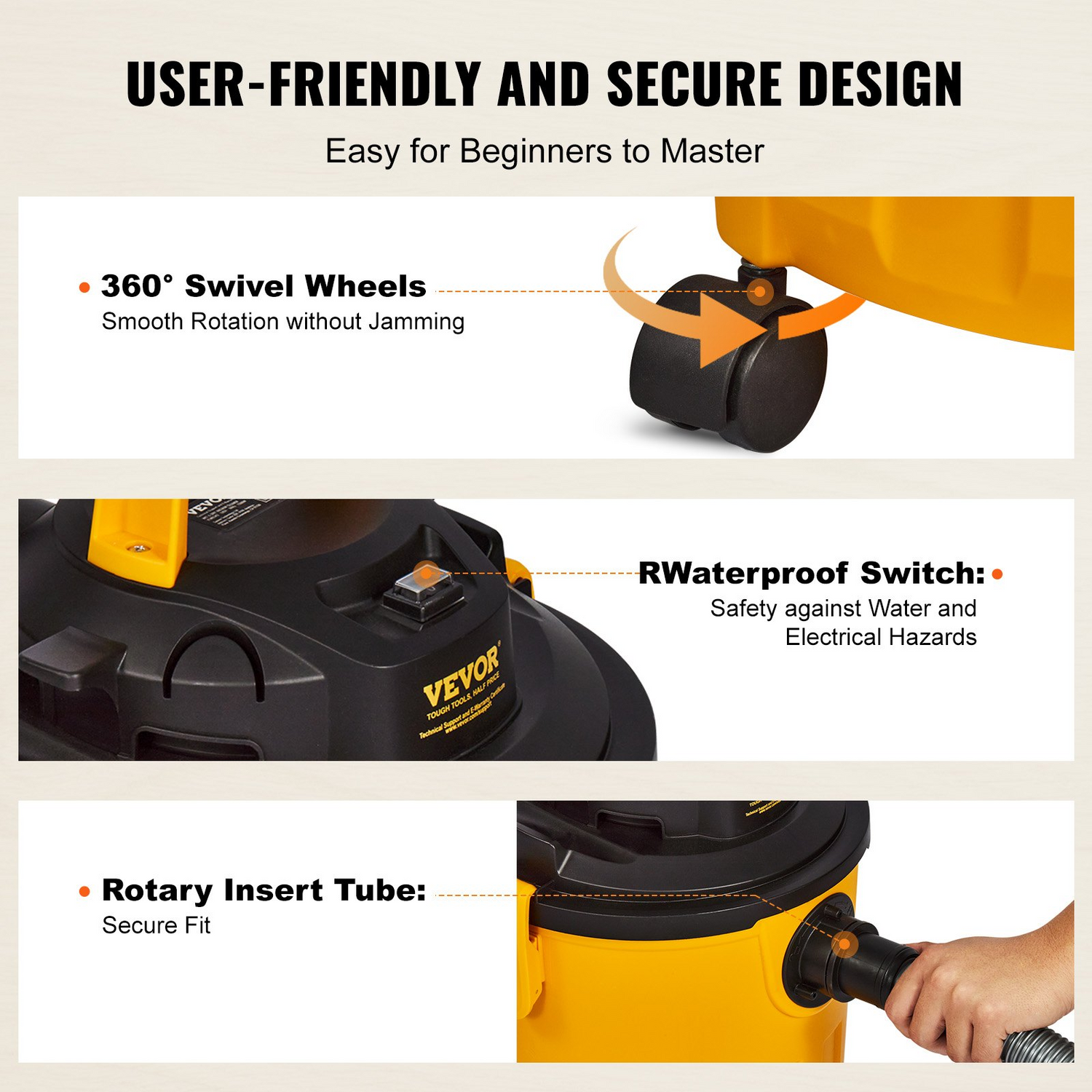 Start2Finish VEVOR 5-gallon wet dry shop vacuum with powerful suction, blower function, and attachments for cleaning carpets, pet hair, and cars.