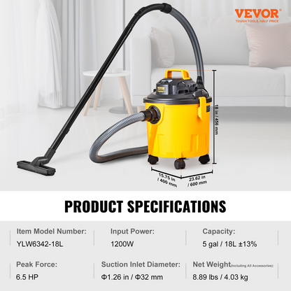 Start2Finish VEVOR 5-gallon wet and dry shop vacuum with powerful suction, blower function, crevice nozzle, ideal for carpets and pet hair.