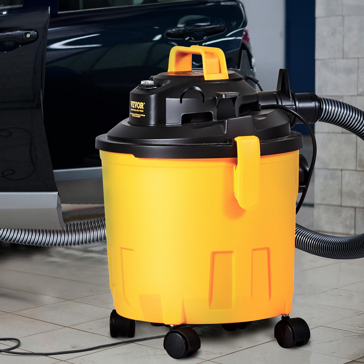 Start2Finish VEVOR 5-gallon wet and dry shop vacuum with powerful suction, blower, and attachments for debris, pet hair, and car cleaning.