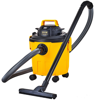 Start2Finish VEVOR 5-gallon wet and dry shop vacuum with powerful suction, blower, attachments, and crevice nozzle for debris and pet hair.