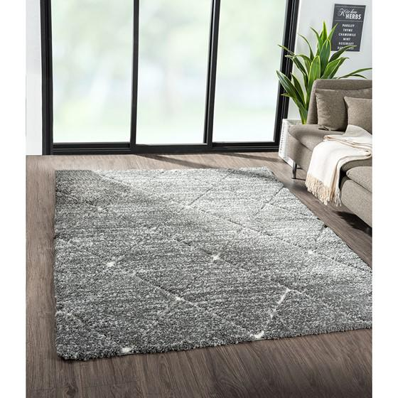 Start2Finish Talas Trellis area rug in grey and cream with a geometric pattern, showcasing its textured woven design.