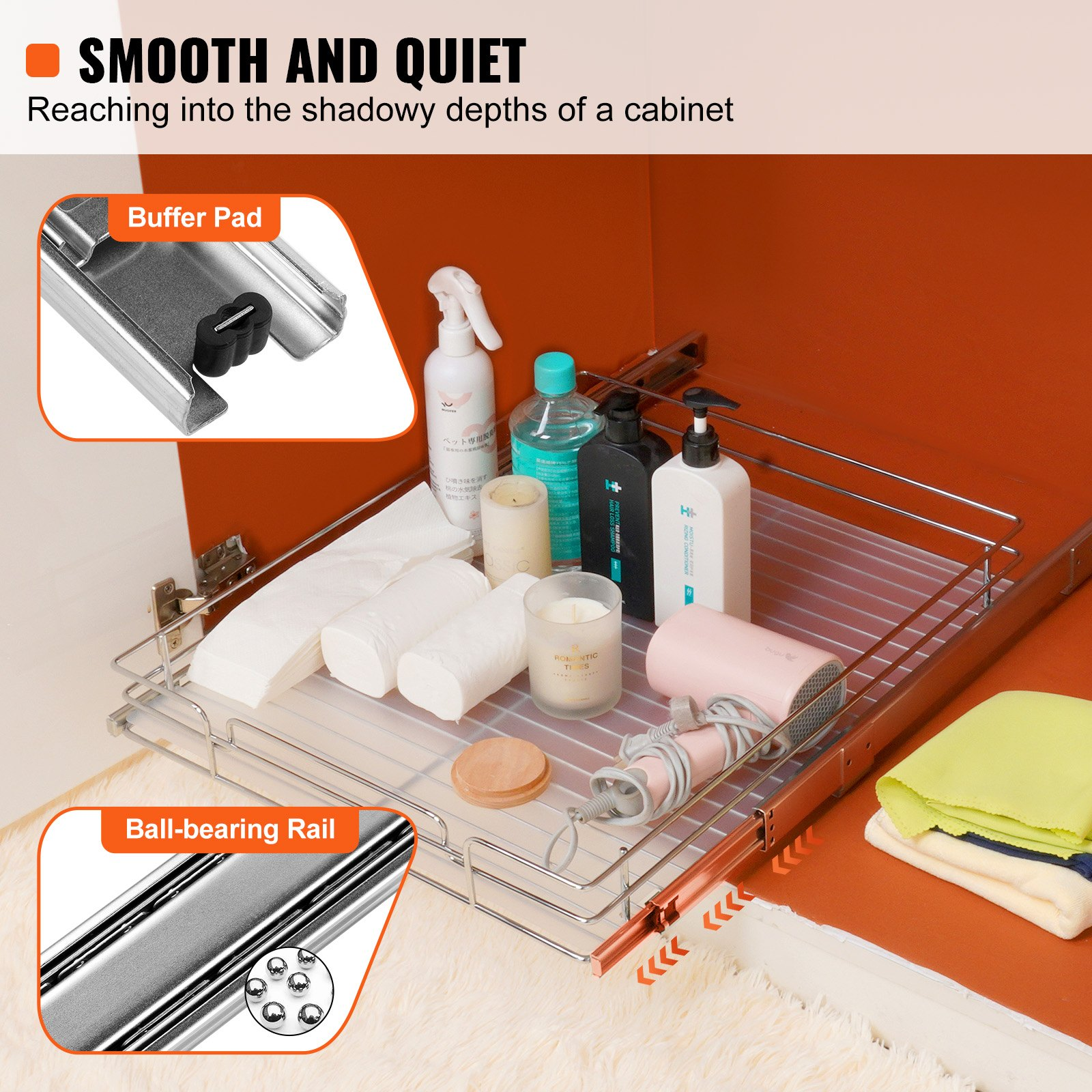 Start2Finish VEVOR 15.5-inch pull-out cabinet organizer with steel slide-out shelves and drawers for kitchen storage.