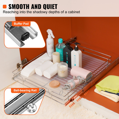Start2Finish VEVOR 15.5-inch pull-out cabinet organizer with steel slide-out shelves and drawers for kitchen storage.