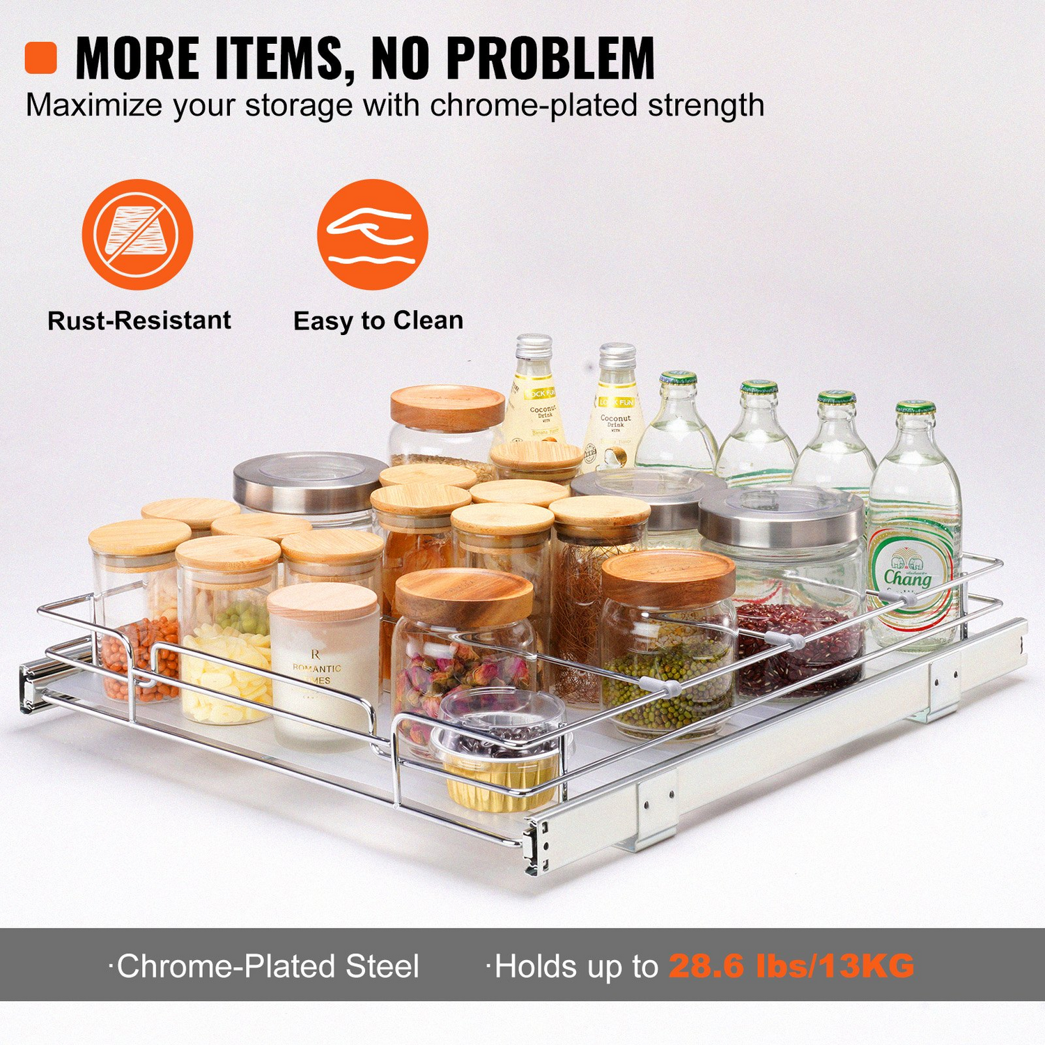 Start2Finish VEVOR heavy-duty pull-out cabinet organizer with steel slide-out drawers for pantry or under sink storage.