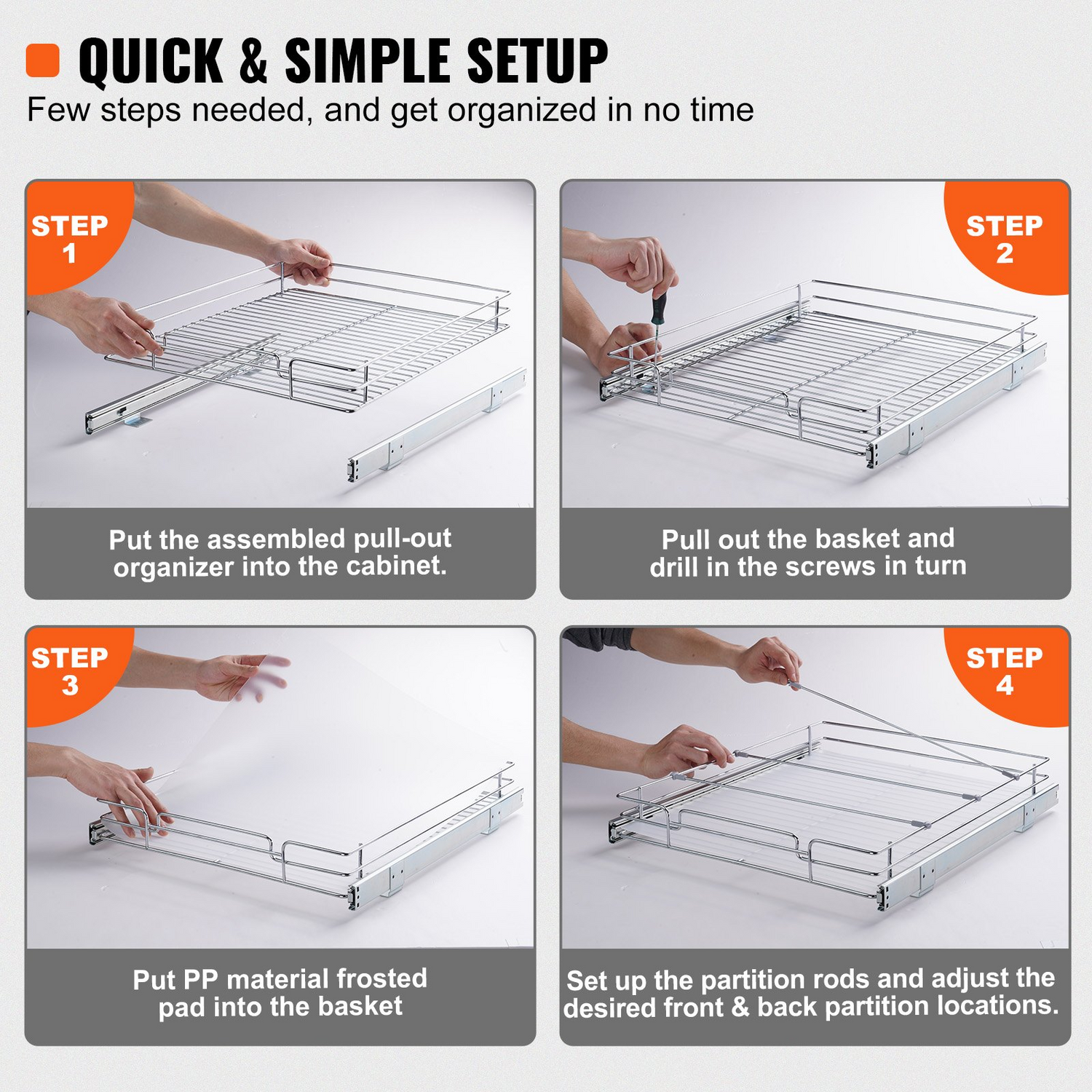 Start2Finish VEVOR 15.5x21x3.5-inch heavy-duty steel pull-out cabinet organizer with sliding drawers for kitchen storage.