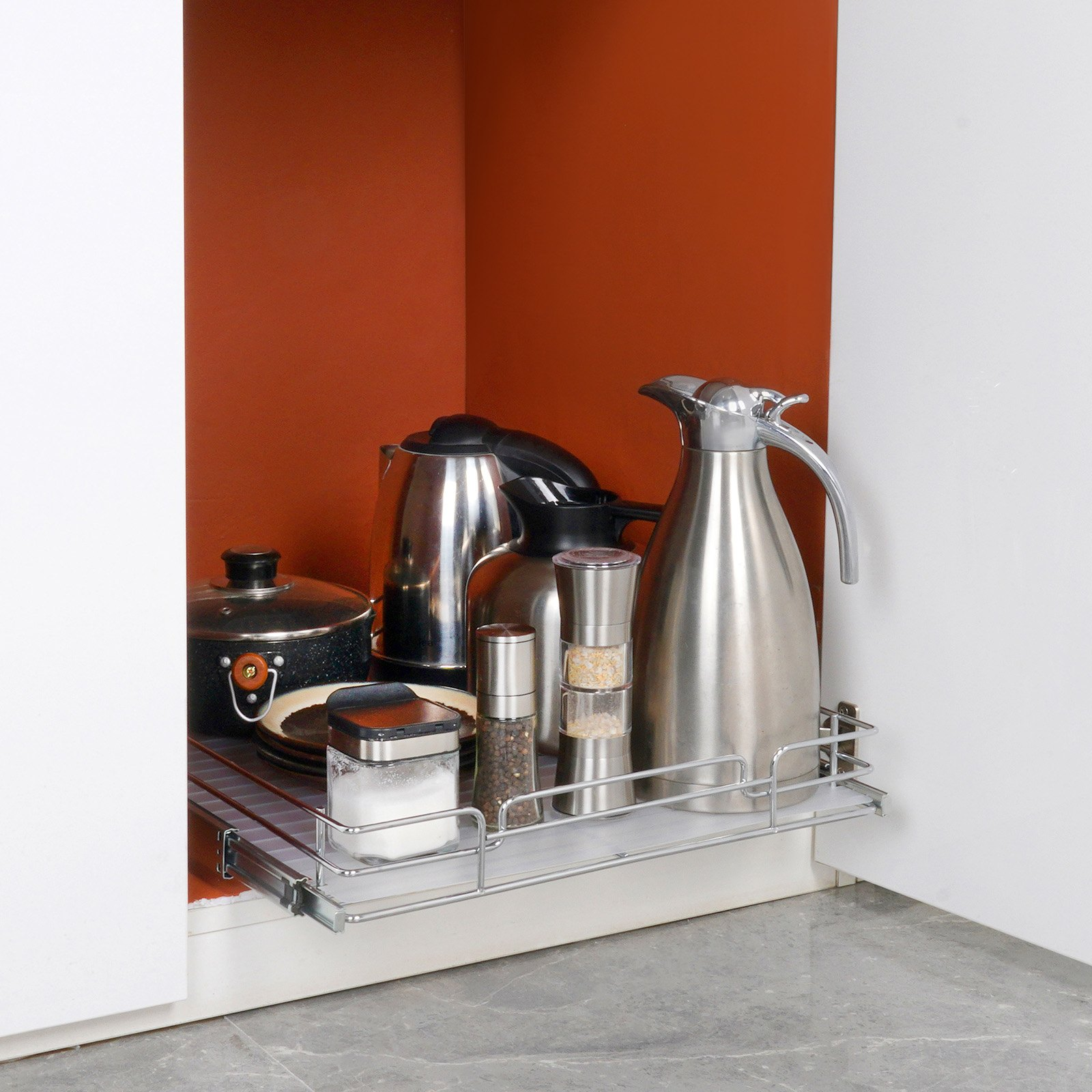 Start2Finish VEVOR heavy-duty steel pull-out cabinet organizer with sliding shelves and drawers for kitchen pantry storage.