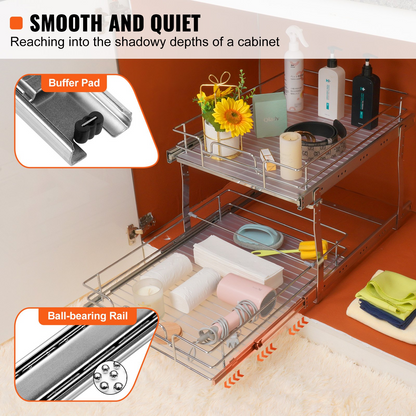 Start2Finish VEVOR 2-Tier pull-out cabinet organizer with steel slide-out shelves and drawers for kitchen pantry storage.