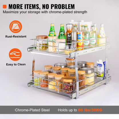 Start2Finish VEVOR 2-tier pull-out cabinet organizer with steel sliding drawers and heavy-duty shelves for kitchen storage.