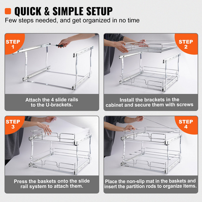 Start2Finish VEVOR 2-tier pull-out cabinet organizer with steel shelves and slide-out drawers for kitchen storage.