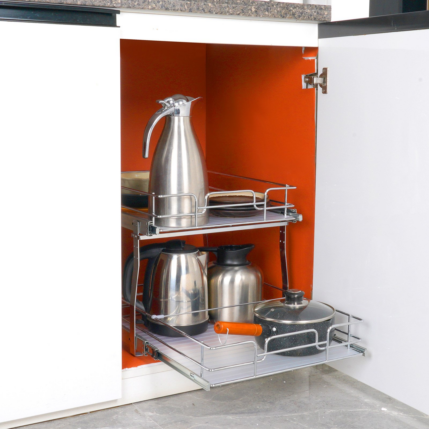 Start2Finish VEVOR 2-tier pull-out cabinet organizer with steel sliding drawers for pantry storage in a home kitchen.