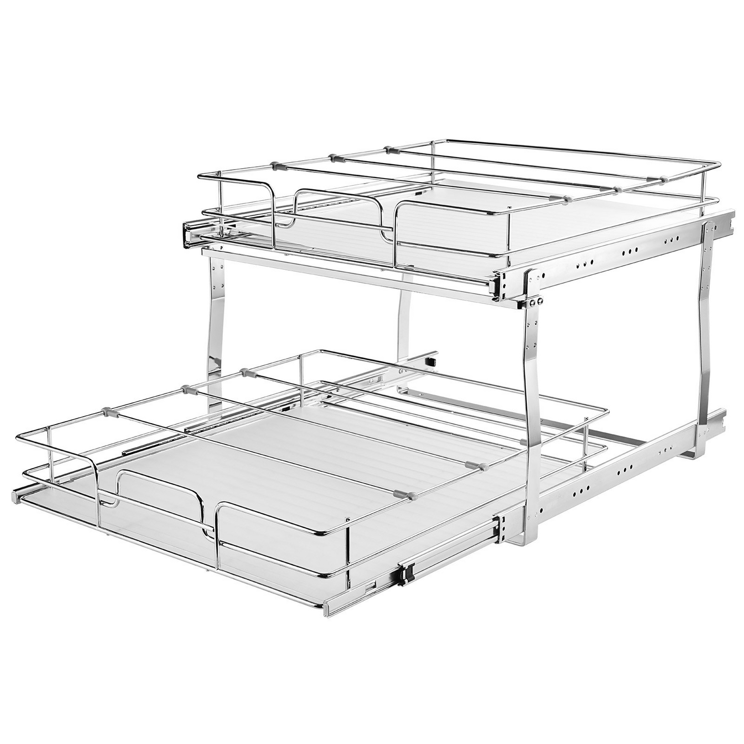 Start2Finish VEVOR 2-tier pull-out cabinet organizer with steel slide-out shelves for pantry storage, fitting 18.5" x 22" cabinets.
