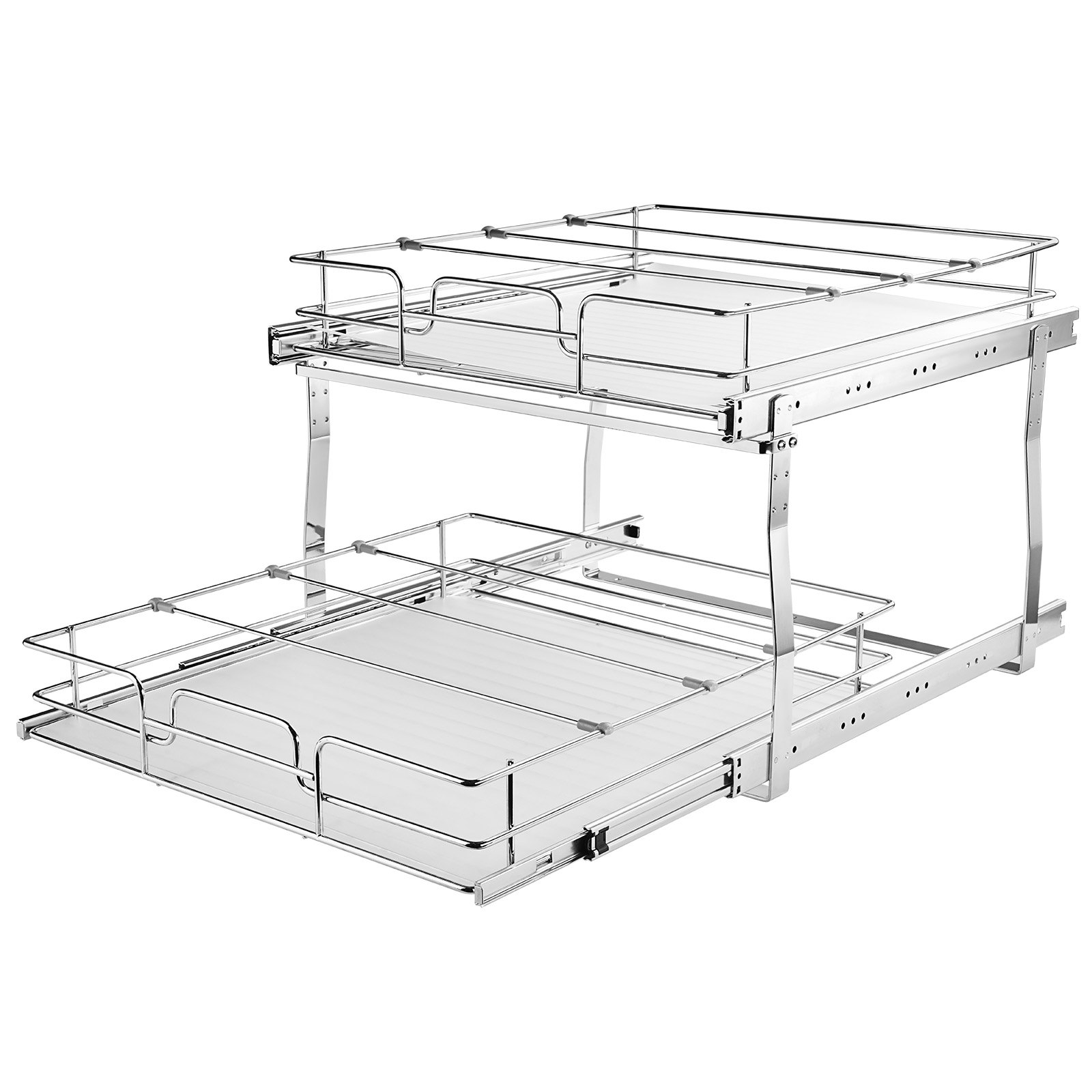 Start2Finish VEVOR 2-tier pull-out cabinet organizer with steel slide-out shelves for pantry storage, fitting 18.5" x 22" cabinets.