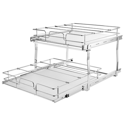 Start2Finish VEVOR 2-tier pull-out cabinet organizer with steel slide-out shelves for pantry storage, fitting 18.5" x 22" cabinets.