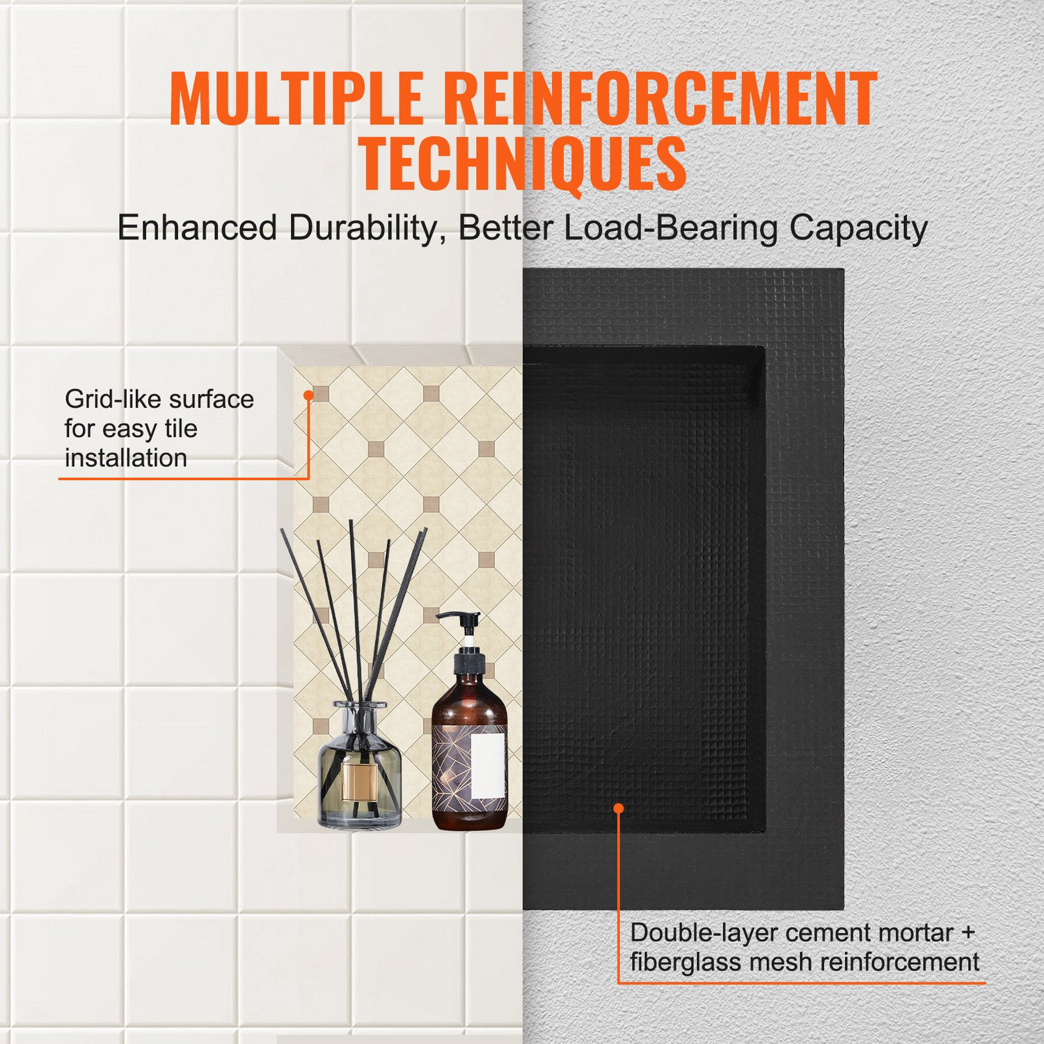 Black VEVOR shower niche with single shelf, square corners, wall-inserted design, modern soap storage for bathroom.