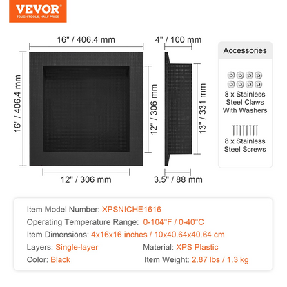 Black VEVOR 16x16-inch shower niche with single shelf, square corners, wall-inserted design, ideal for soap and bathroom storage.