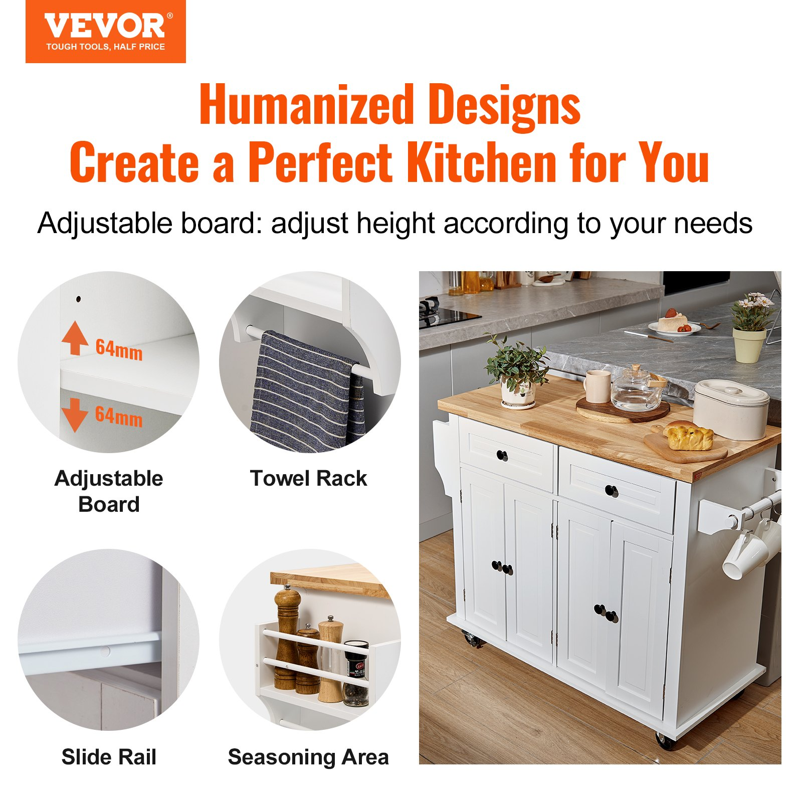 Start2Finish VEVOR kitchen island cart with solid wood top, white, on wheels, featuring storage cabinet, spice rack, towel rack, and drawer.