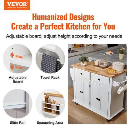 Start2Finish VEVOR kitchen island cart with solid wood top, white, on wheels, featuring storage cabinet, spice rack, towel rack, and drawer.