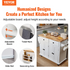Start2Finish VEVOR kitchen island cart with solid wood top, white, on wheels, featuring storage cabinet, spice rack, towel rack, and drawer.