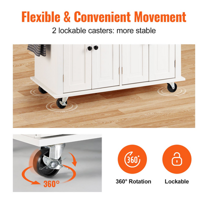 Start2Finish VEVOR kitchen island cart with solid wood top, white mobile cart with storage cabinet, spice rack, towel rack, and drawer.