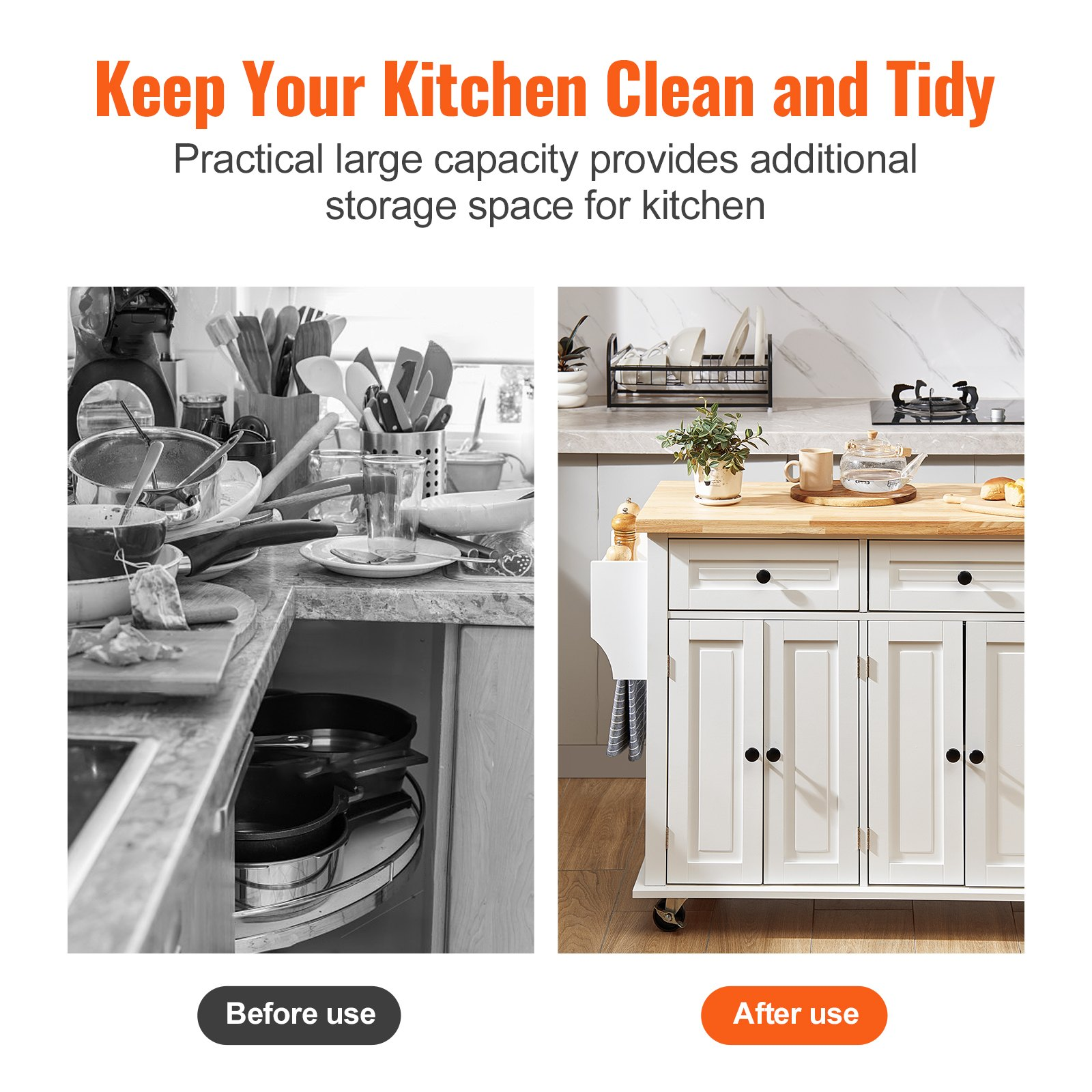 White VEVOR kitchen island cart with solid wood top, storage cabinet, spice rack, towel rack, drawer, on wheels, portable and mobile.