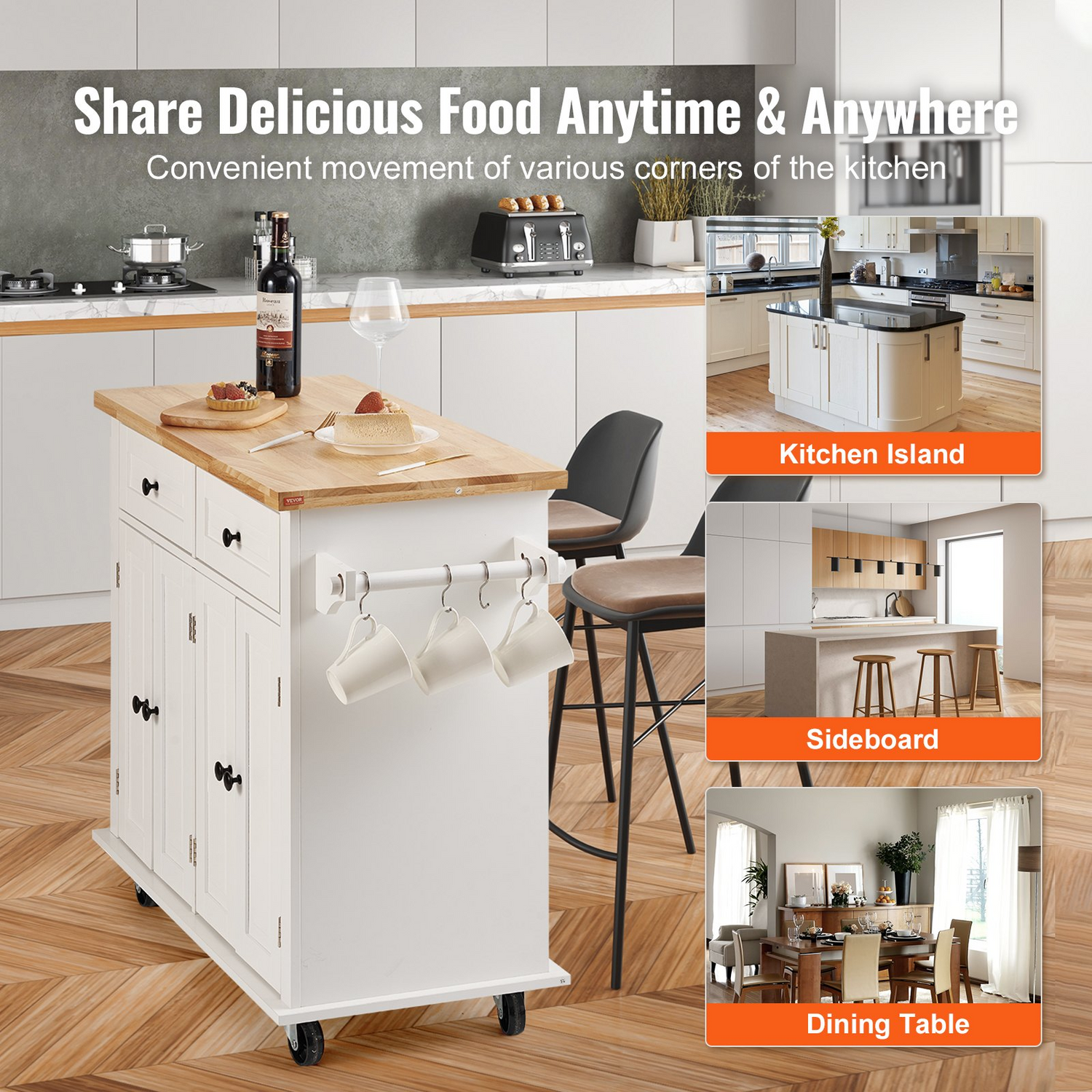 Start2Finish VEVOR kitchen island cart with wood top, storage cabinet, spice rack, towel rack, and drawer in white.
