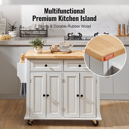 Start2Finish VEVOR kitchen island cart with solid wood top, storage cabinet, spice rack, towel rack, and drawer in white.
