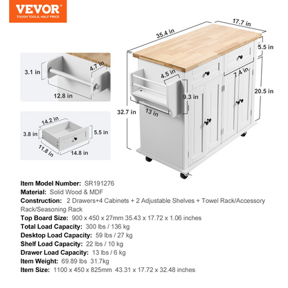 Start2Finish VEVOR white kitchen island cart with solid wood top, storage cabinet, spice rack, towel rack, drawer, and wheels.