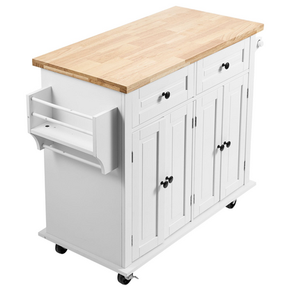 Start2Finish VEVOR kitchen island cart with solid wood top, storage cabinet, spice rack, towel rack, drawer, on wheels in white.