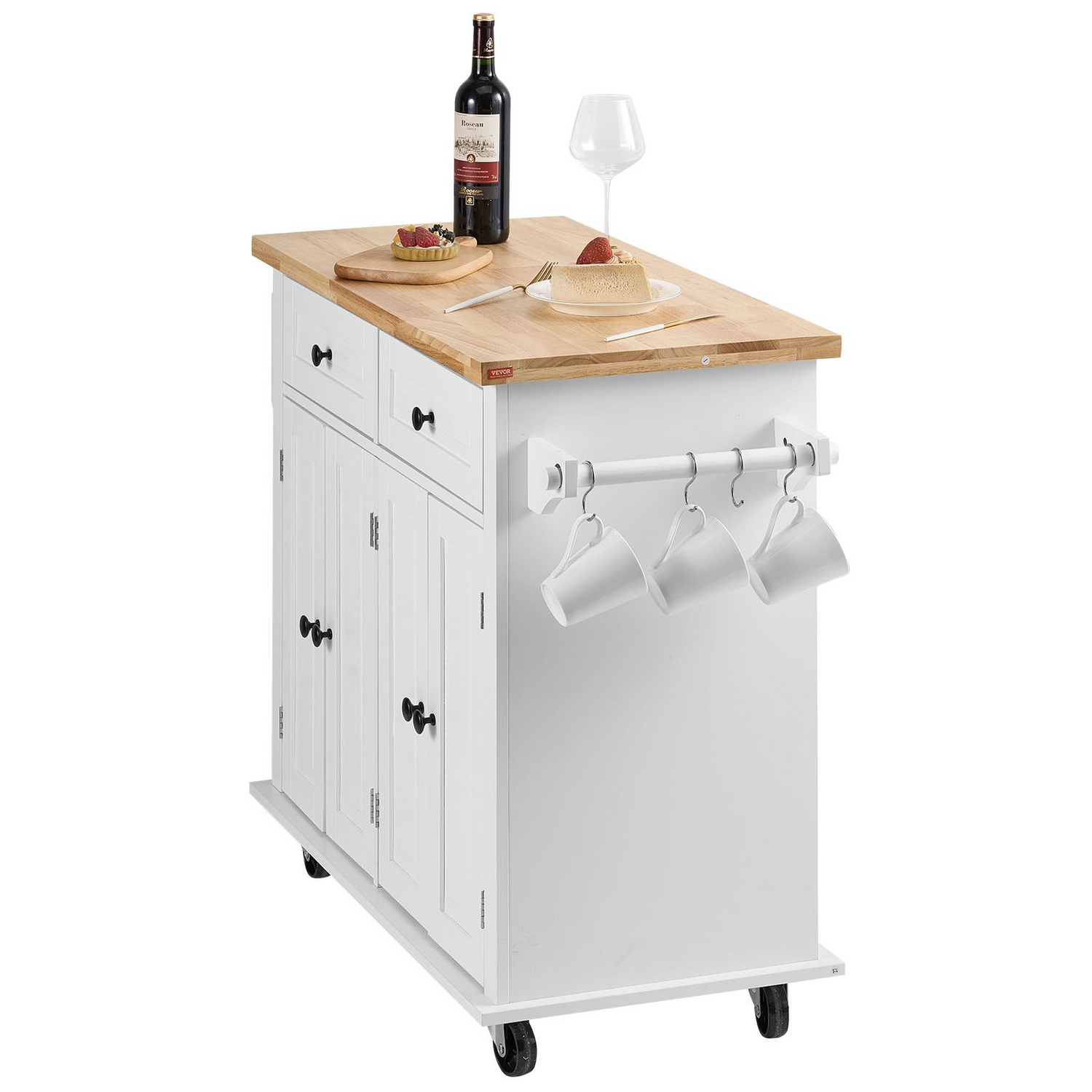 Start2Finish VEVOR white kitchen island cart with solid wood top, storage cabinet, spice rack, towel rack, drawer, on wheels.