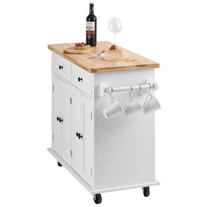 Start2Finish VEVOR white kitchen island cart with solid wood top, storage cabinet, spice rack, towel rack, drawer, on wheels.