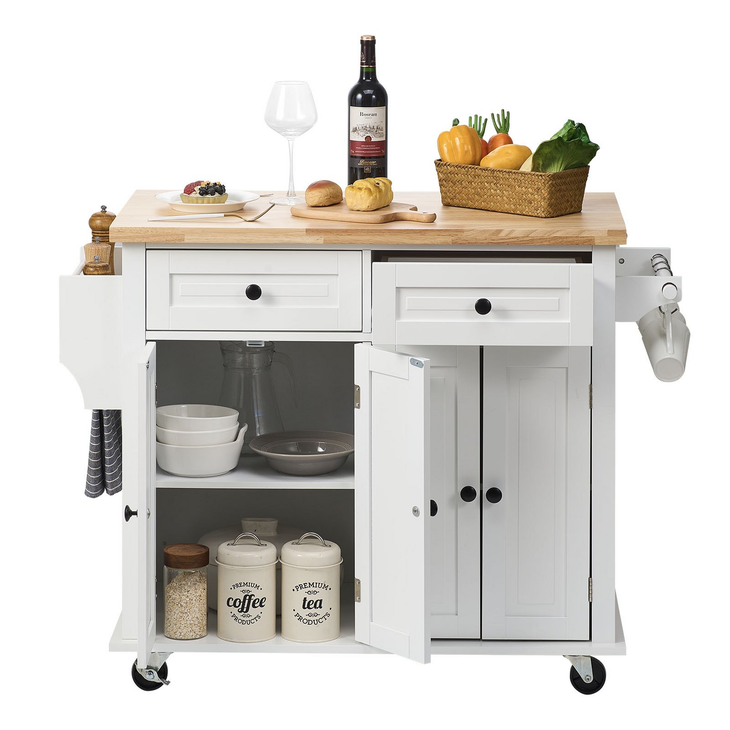 Start2Finish VEVOR kitchen island cart with solid wood top, storage cabinet, spice rack, towel rack, and drawer in white.
