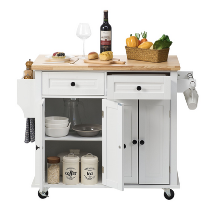 Start2Finish VEVOR kitchen island cart with solid wood top, storage cabinet, spice rack, towel rack, and drawer in white.