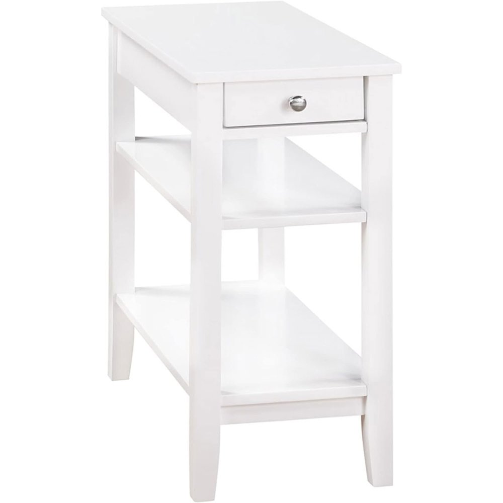 Start2Finish American Heritage chairside end table with one drawer, charging station, and shelves, made of wood and metal.