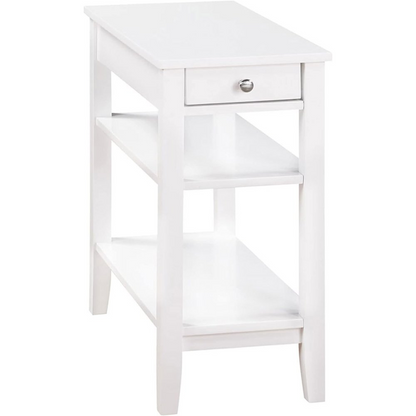 Start2Finish American Heritage chairside end table with one drawer, charging station, and shelves, made of wood and metal.