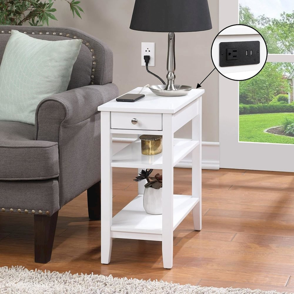 American Heritage chairside end table with one drawer, charging station, and shelves, from Start2Finish, in a modern furniture design