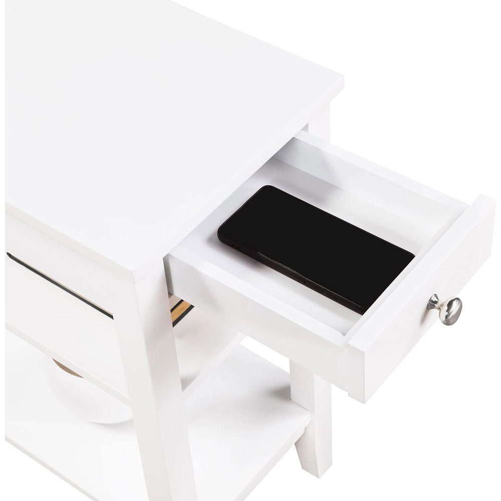 American Heritage end table with one drawer, charging station, and shelves, featuring a wooden finish and modern design.
