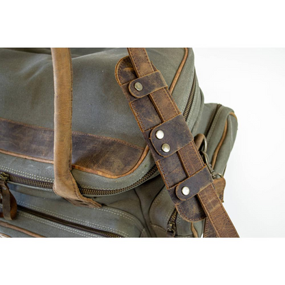 Start2Finish canvas and leather field/range bag with multiple compartments, durable straps, and rugged outdoor design.