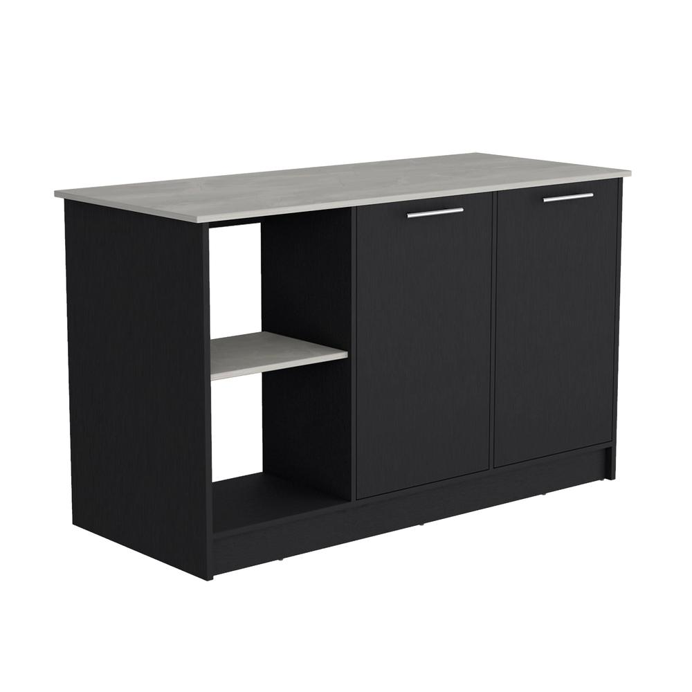 Start2Finish kitchen island with large countertop, open shelves and double door cabinet, ideal for modern kitchen storage.