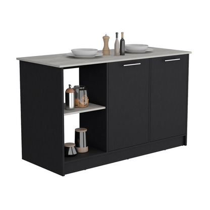 Start2Finish kitchen island with large countertop, open shelves and double door cabinet for versatile kitchen storage.
