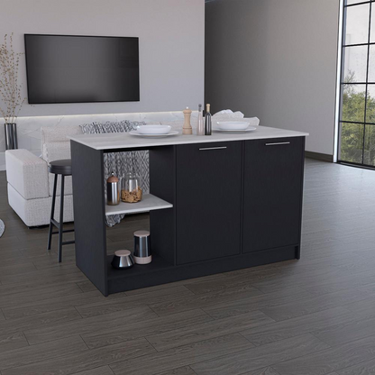 Start2Finish kitchen island with large countertop, open storage shelves, and double door cabinet for versatile kitchen use.
