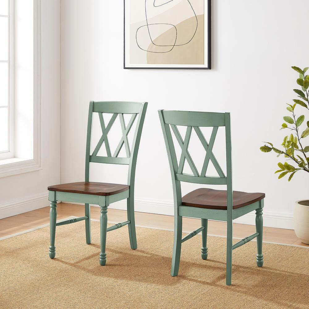 Start2Finish Shelby 2-piece dining chair set with two beige upholstered chairs and dark wooden legs, ideal for dining rooms.