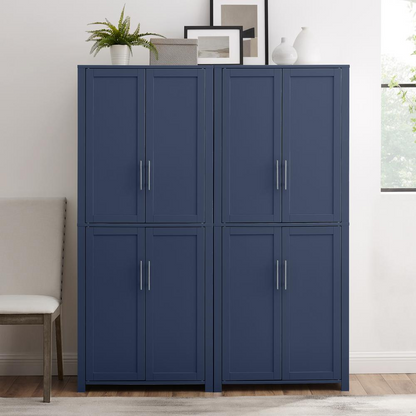 Start2Finish Savannah 2-piece kitchen storage pantry set showing two tall, wooden-finish pantries with multiple shelves and doors.